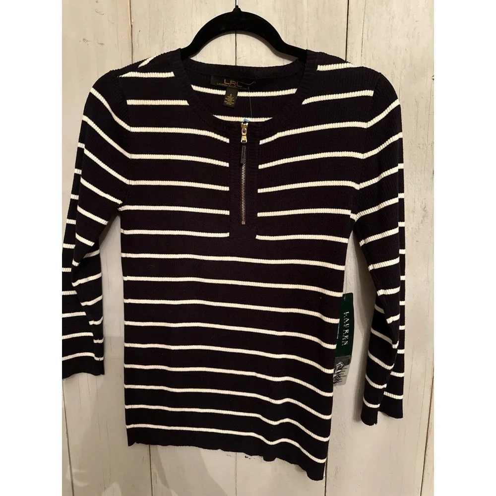 Lauren Ralph Lauren S Black & white Stripe zipper Sweater Nautical new - Picture 3 of 8